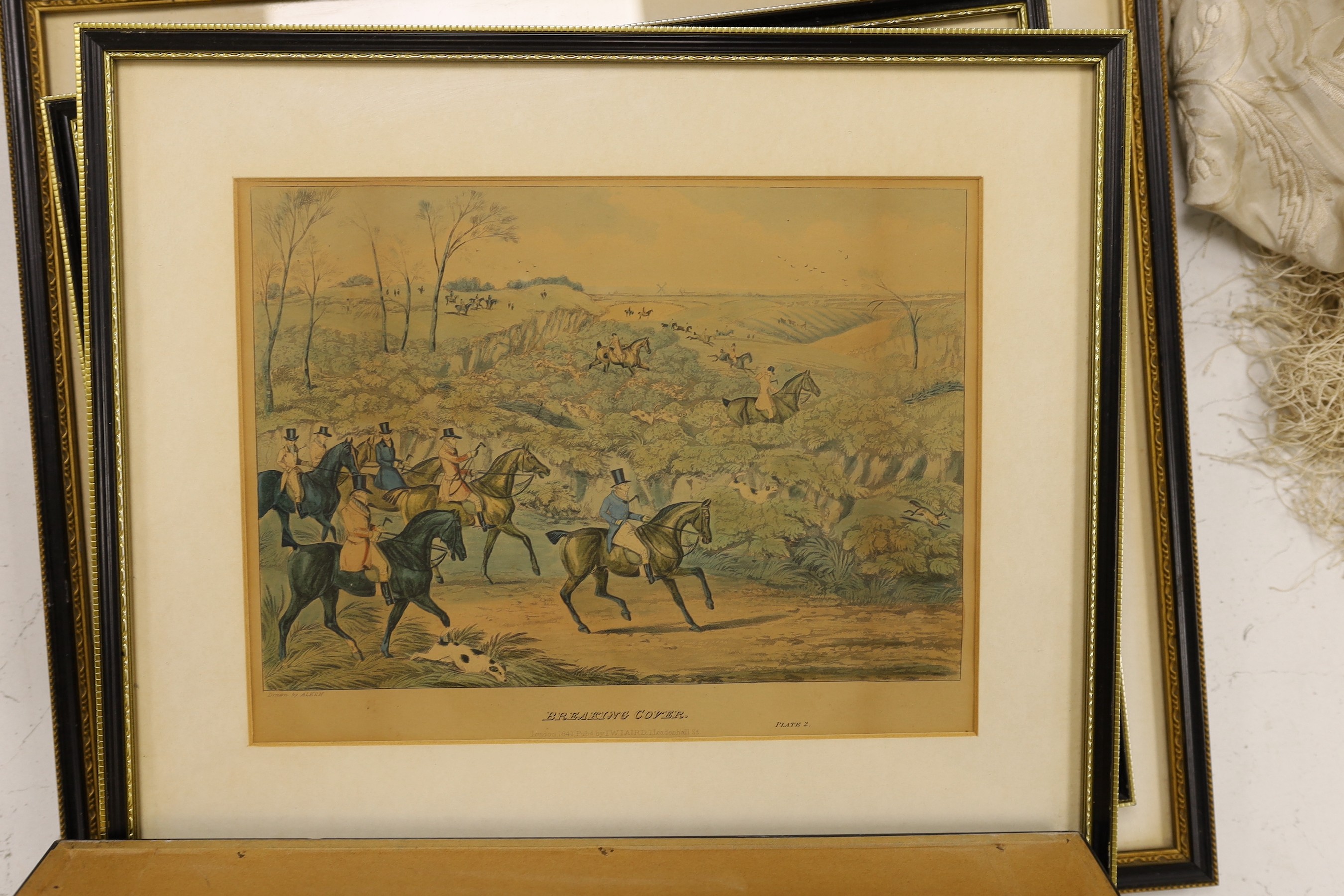 Four coloured prints after Max Beerbohm: Walt Whitman, Matthew Arnold, Danté in Oxford and Board of Trade, 34 x 21cm approx. and four hunting scenes after Alken